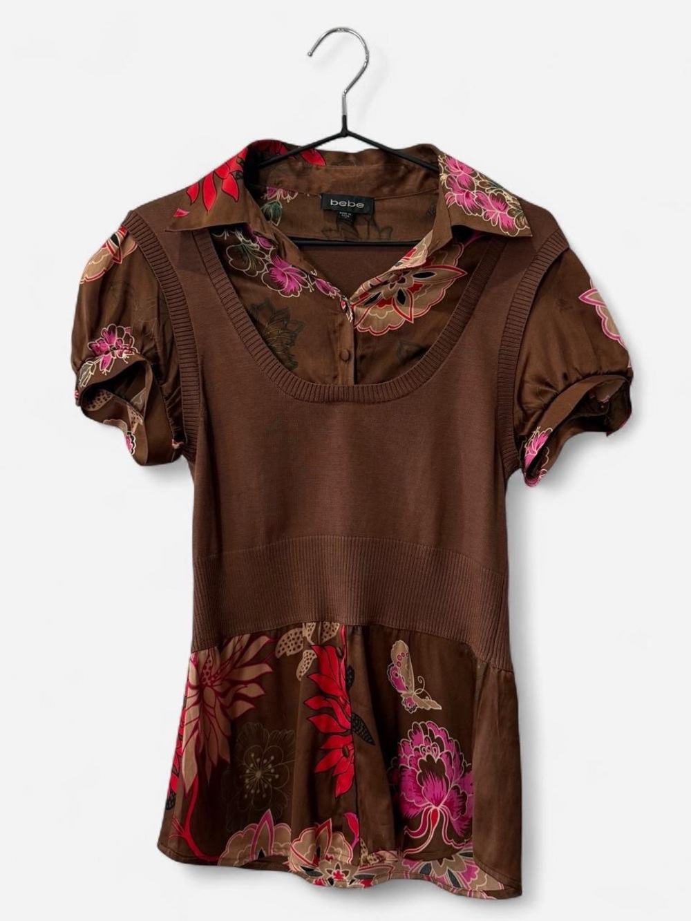 Y2K Baby Doll silk floral empire waist office siren Bebe brown silk blouse